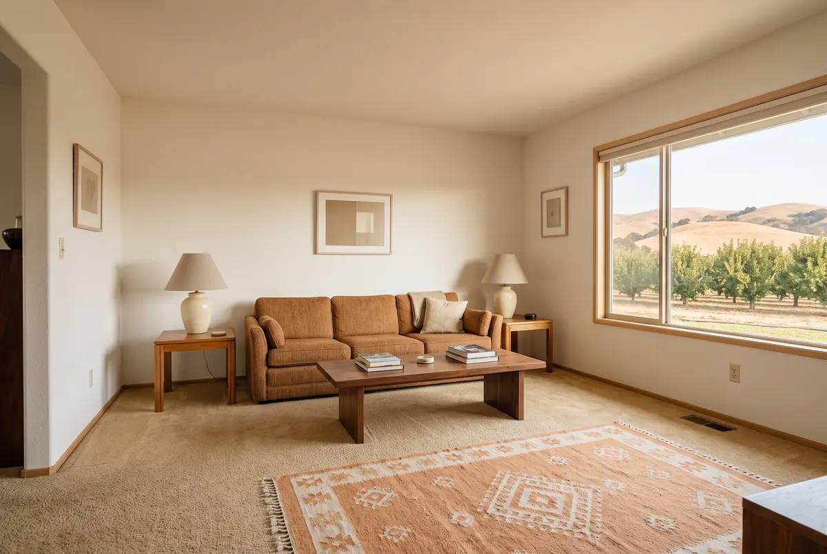 Illustration of a sunlit Moorpark living room with wheat-colored wall-to-wall carpet, a caramel fabric sofa between two lamps, a walnut coffee table, and a wide window onto golden hills and rows of orchard trees.